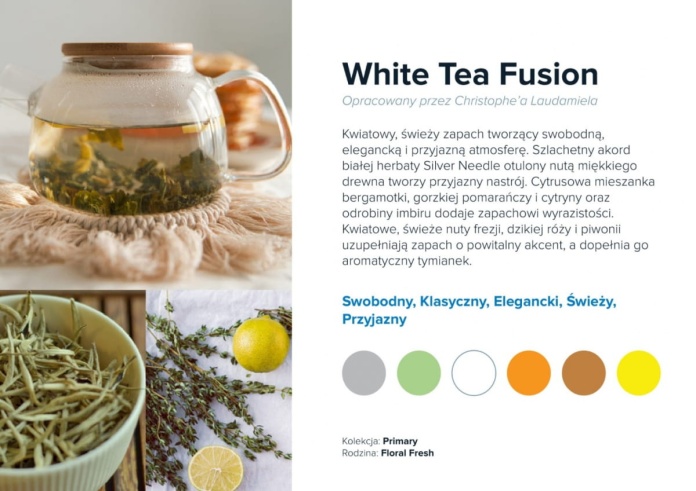 Nuty zapachowe White Tea Fusion: biała herbata, bergamotka, subtelne kwiaty. Idealny do SPA.